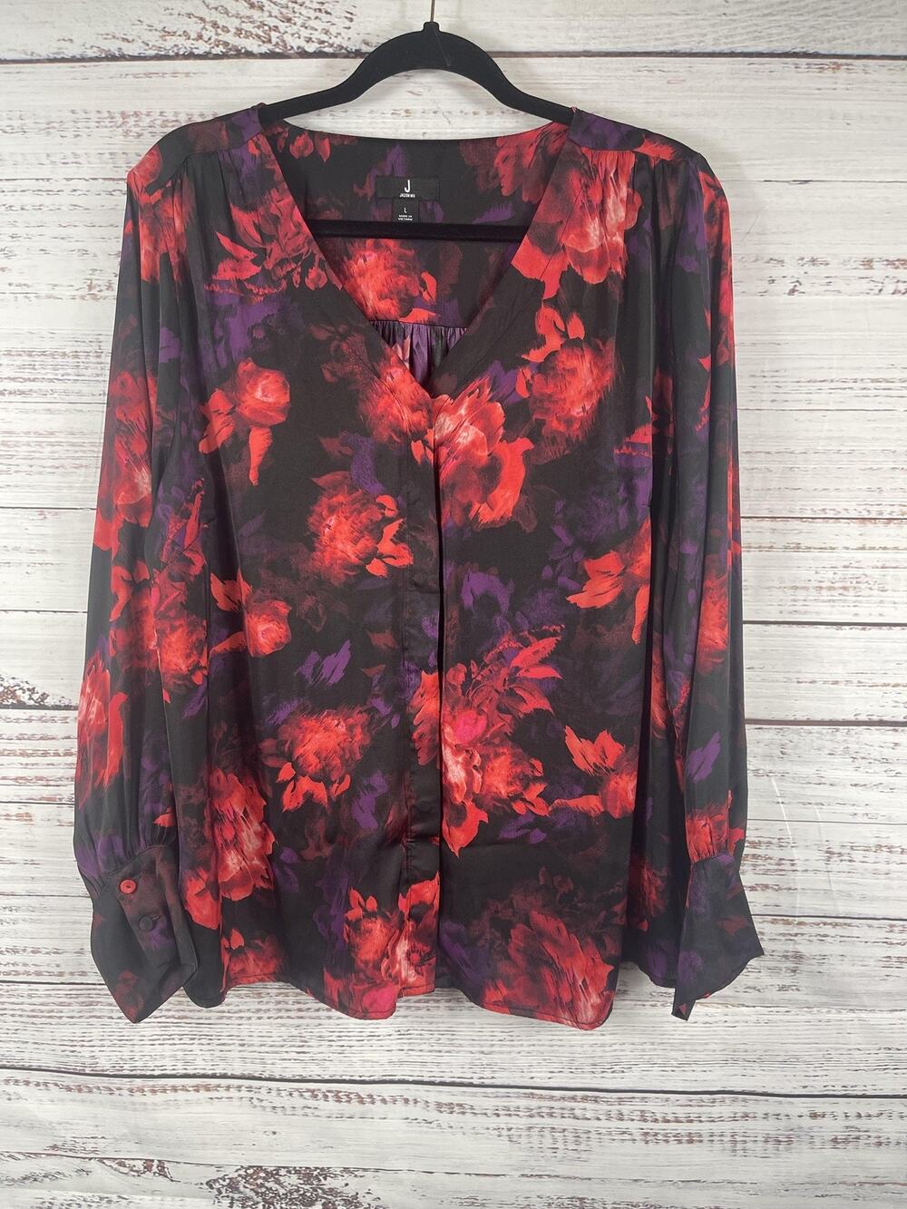 Jason Wu Blouse Women's Size Large Black Red Floral V Neck Long Sleeve Tunic
